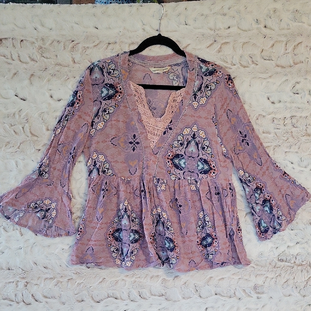 Boho Lace-Trim Peasant Blouse - Lavender Print